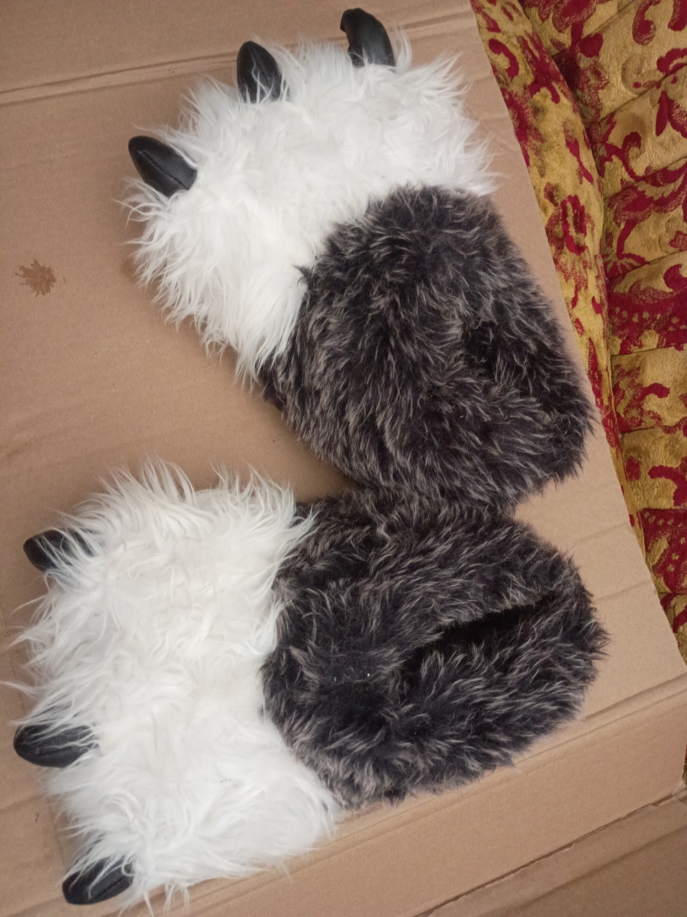 Furry Monster Paw Slippers in White and Dark Gray